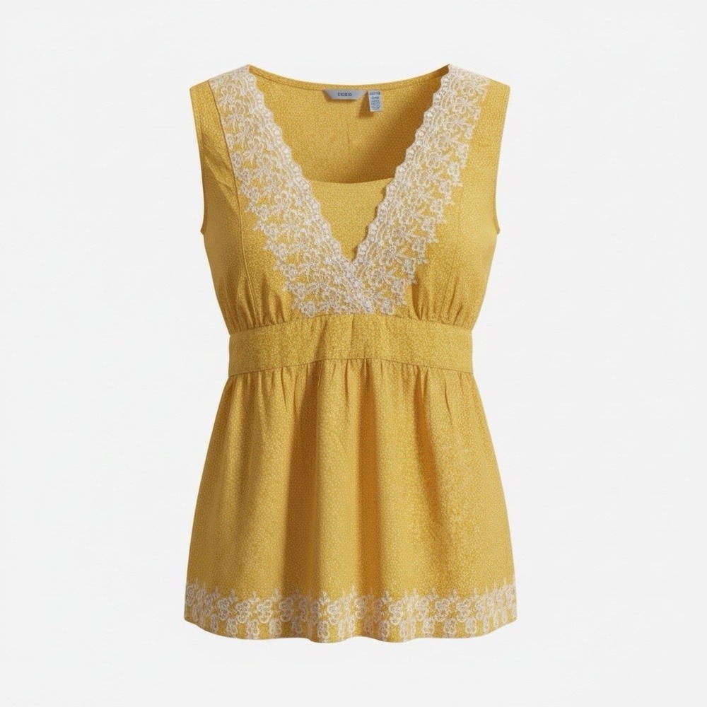 IZOD Babydoll Top Women XL Yellow Polka Dot Cotton Lace Trim Smocked Tie Back